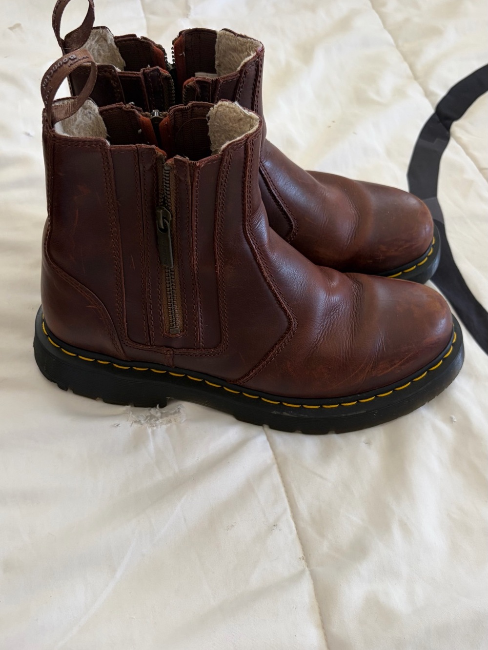Dr. Martens Brown Leather Side-Zip Ankle Boots with Yellow Stitching